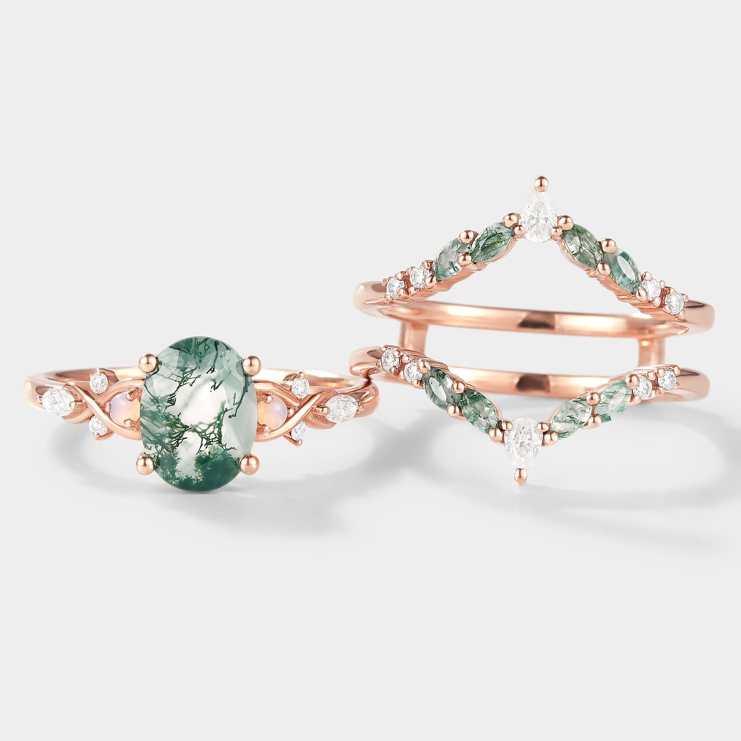 Moss Agate Engagement Ring With Enhancer Double Wedding Band