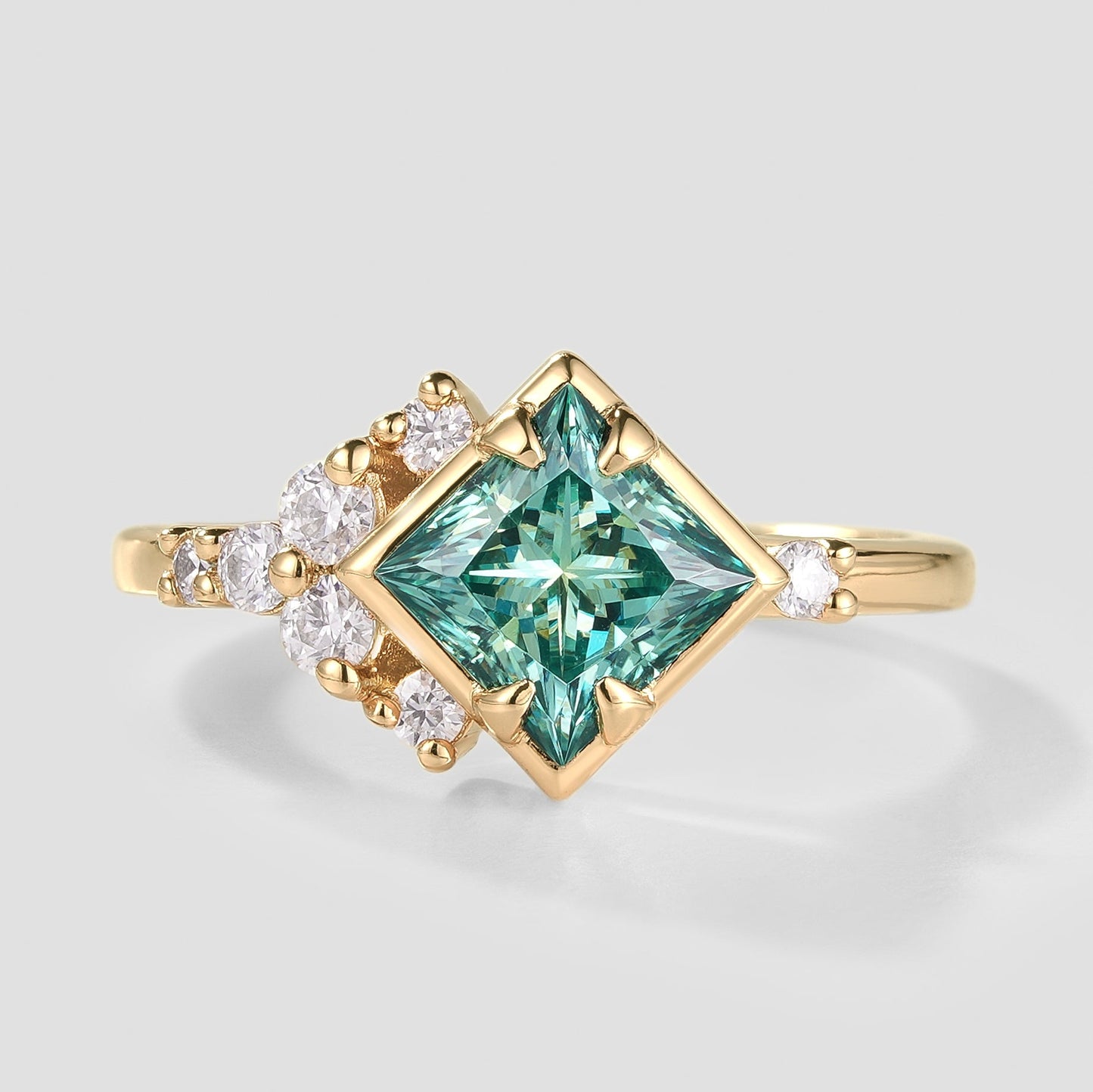 Unique Princess Cut Green Moissanite Engagement Ring