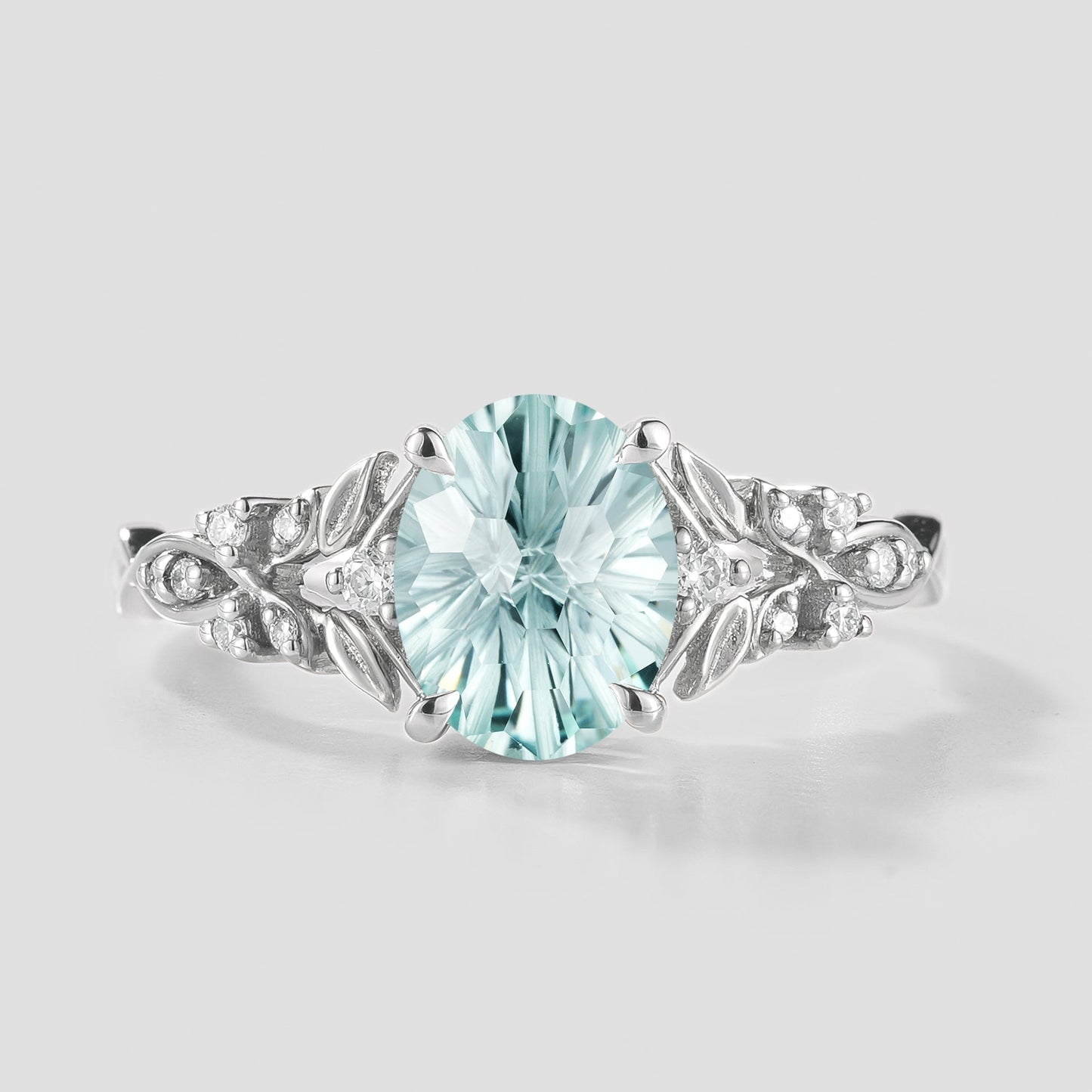 Oval Cut Aquamarine Leaf Engagement Ring