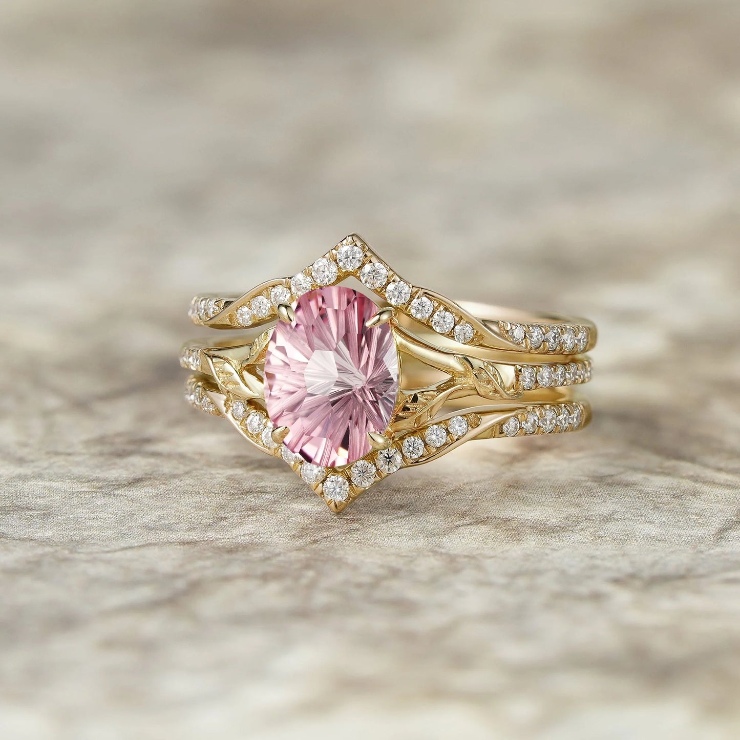 Sparkle-cut Padparadscha Enhancer Ring Set-Tindra