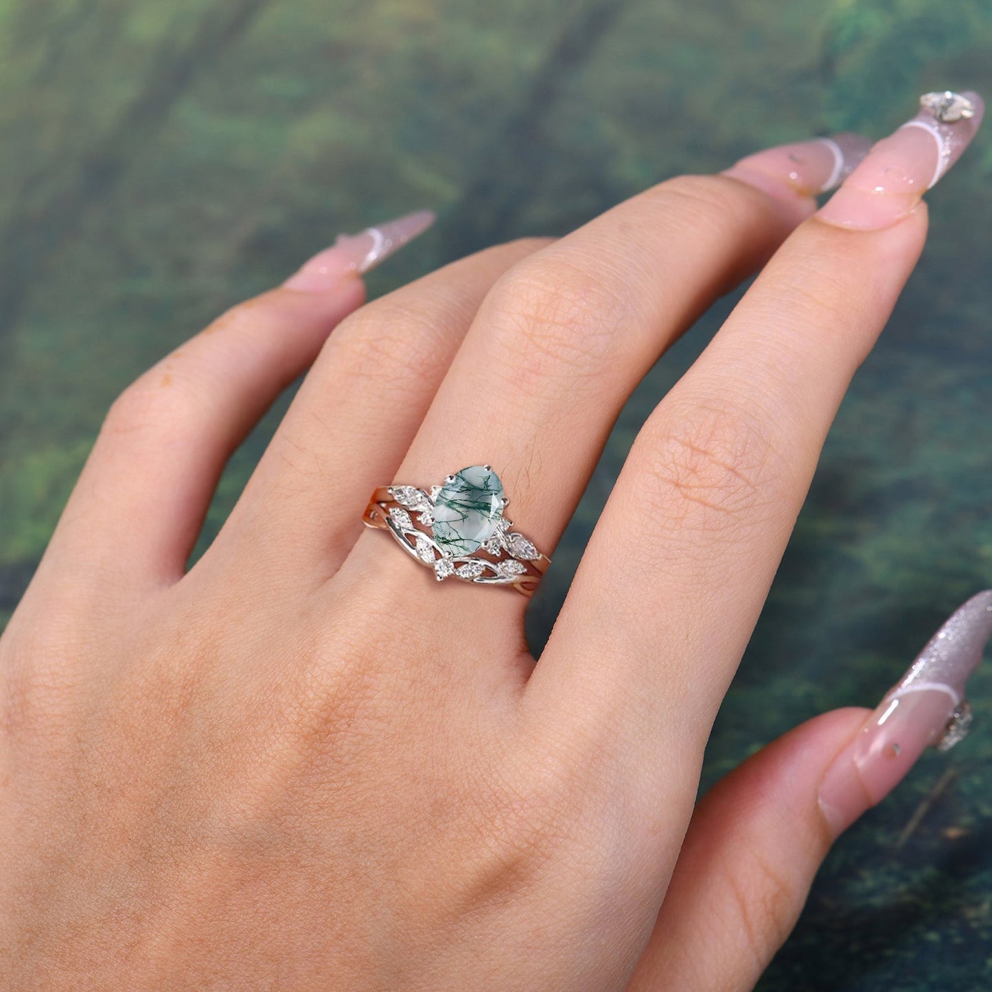 Nature Inspired 6 Prong Leaf Oval Cut Moss Agate Engagement Ring