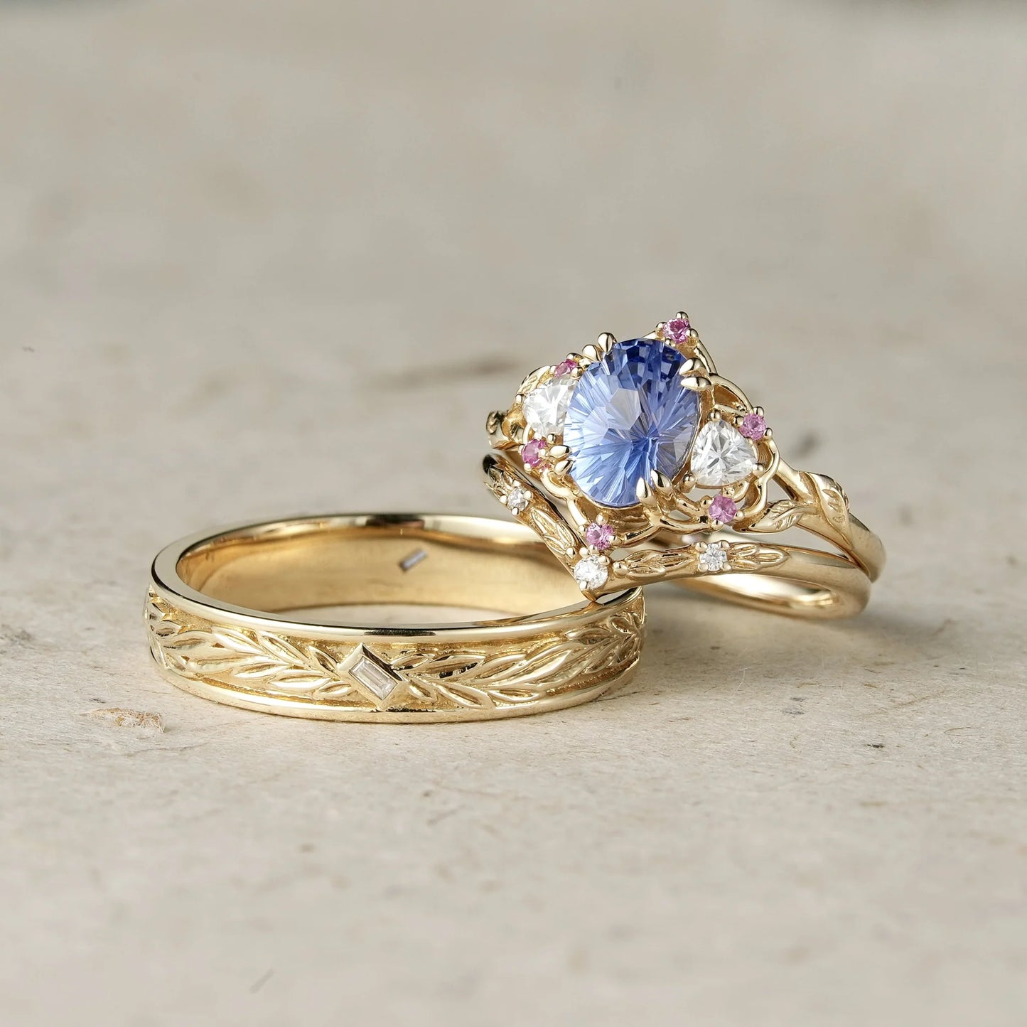 Three-Stone Sparkle Cut Cornflower Sapphire Couple Ring-His & Hers