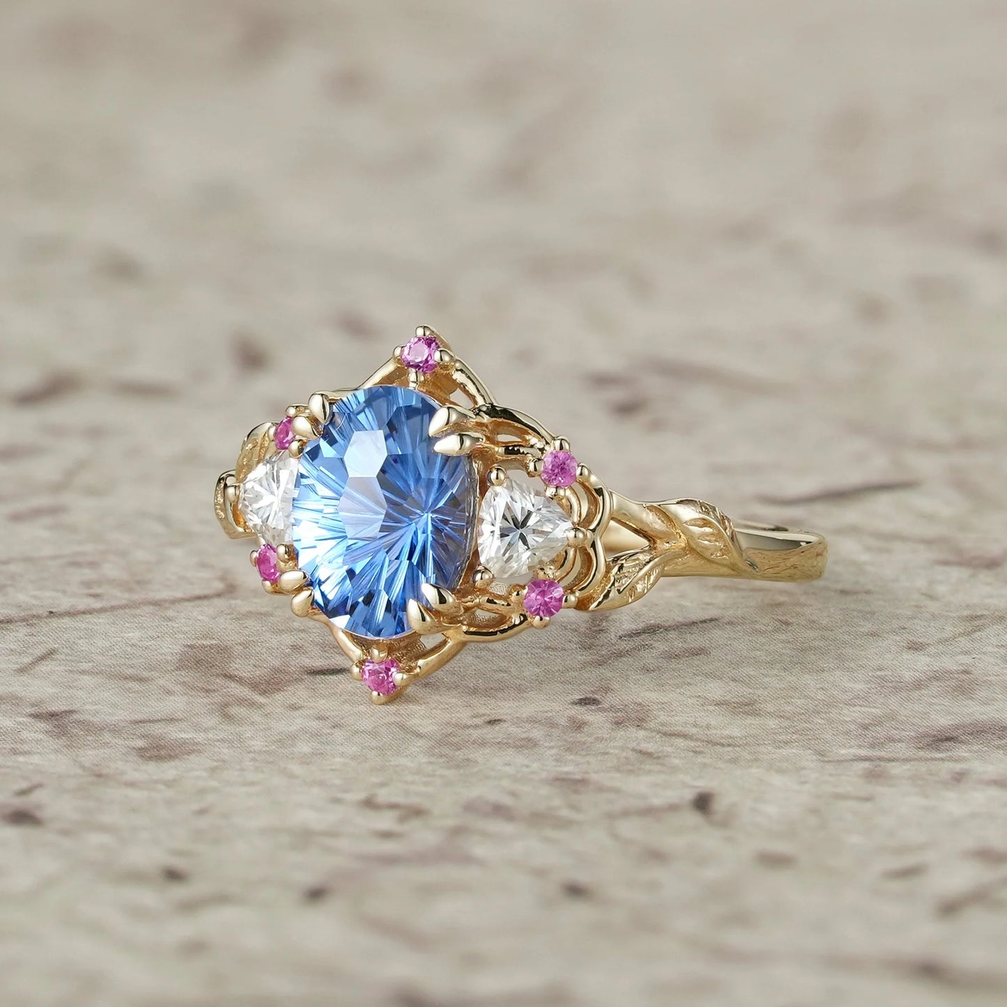 Three-Stone Sparkle Cut Sapphire Engagement Ring - Audrey
