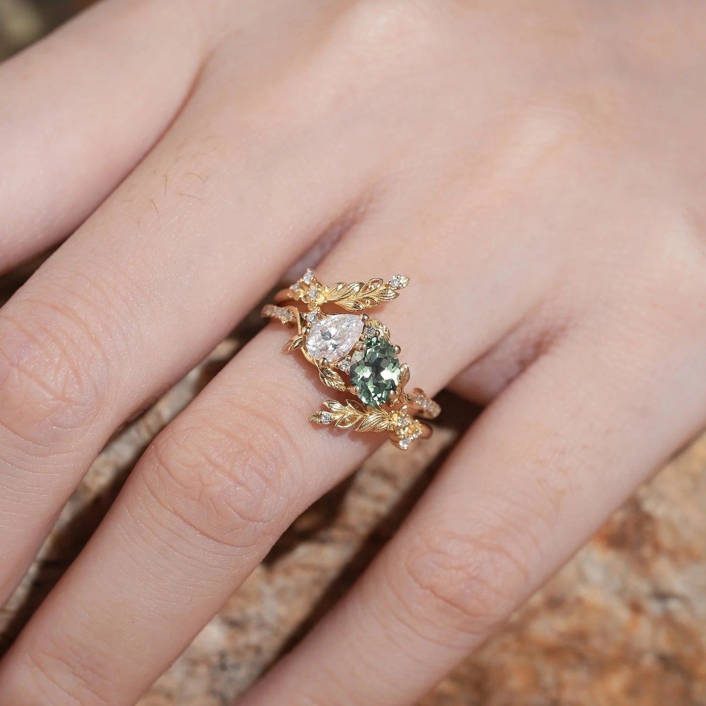 Two - Stone Pear Moissanite and Oval Green Sapphire Toi Et Moi Leaf Bridal Ring Set - GemsMagic
