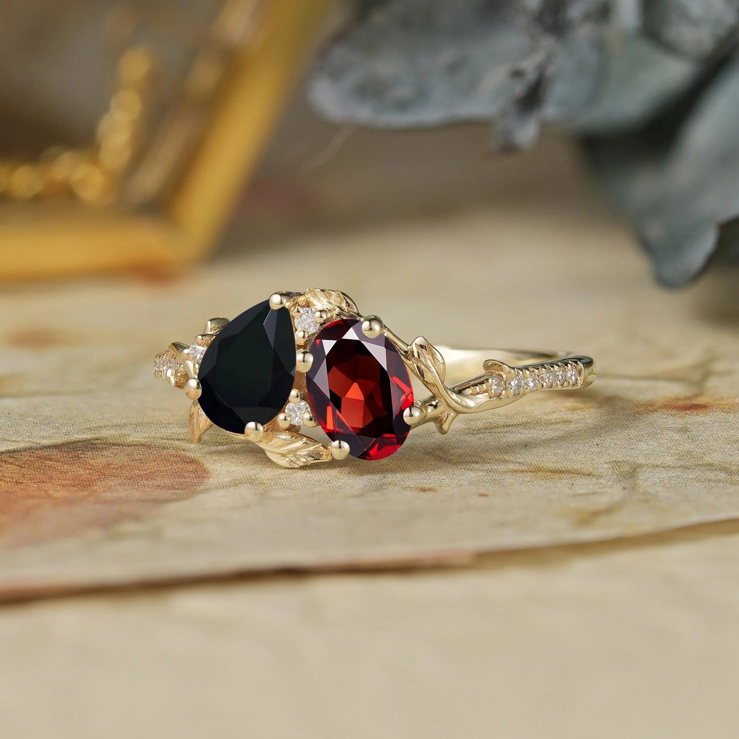 Two - Stone Pear Onyx And Oval Garnet Toi Et Moi Leaf Engagament Ring | GemsMagic