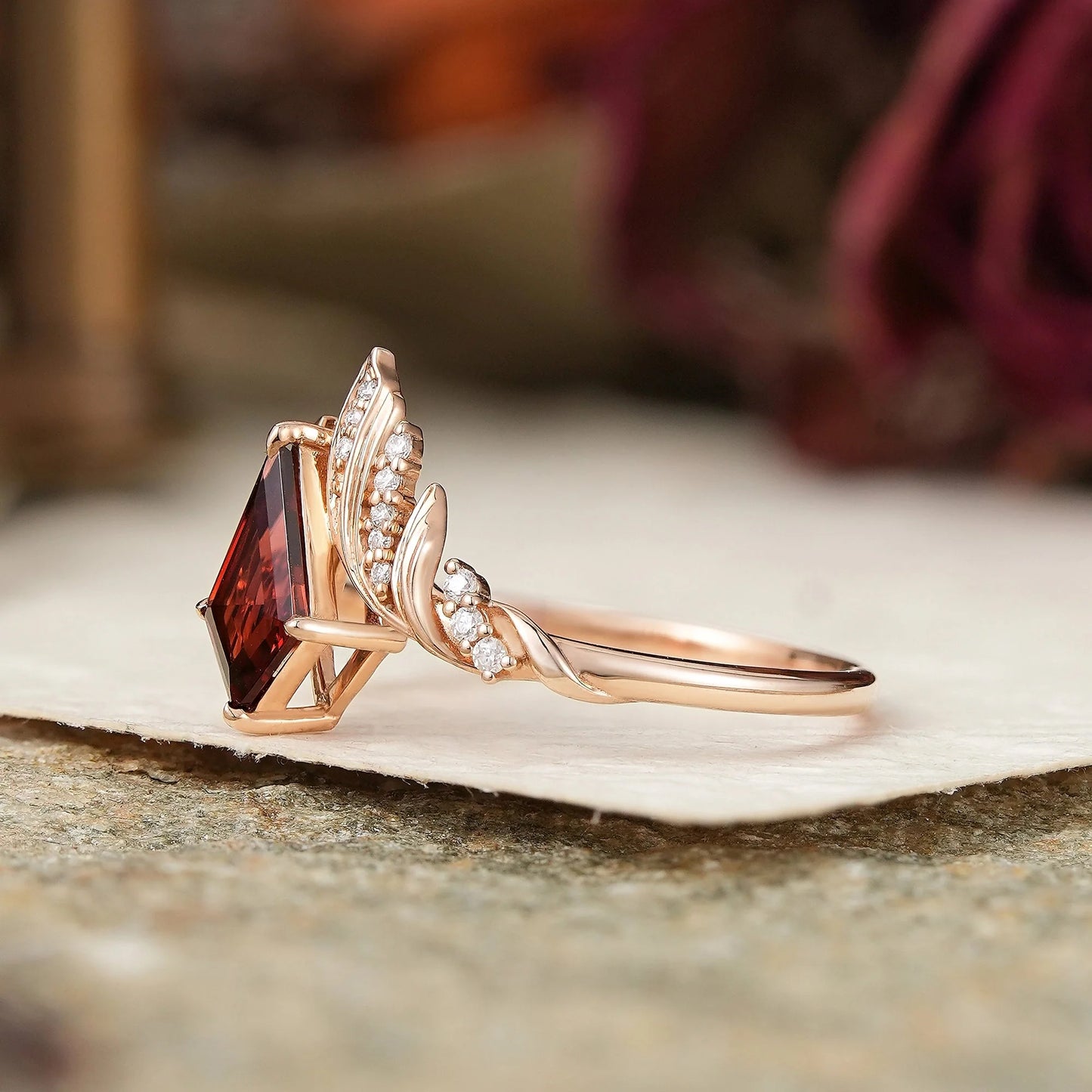 Unique Kite Cut Garnet Engagement Ring Nature Inspired Ring