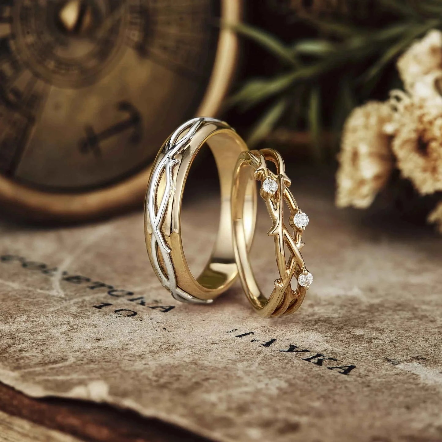 Unique Vine Design Moissanite Couple Ring Set-Now & Forever