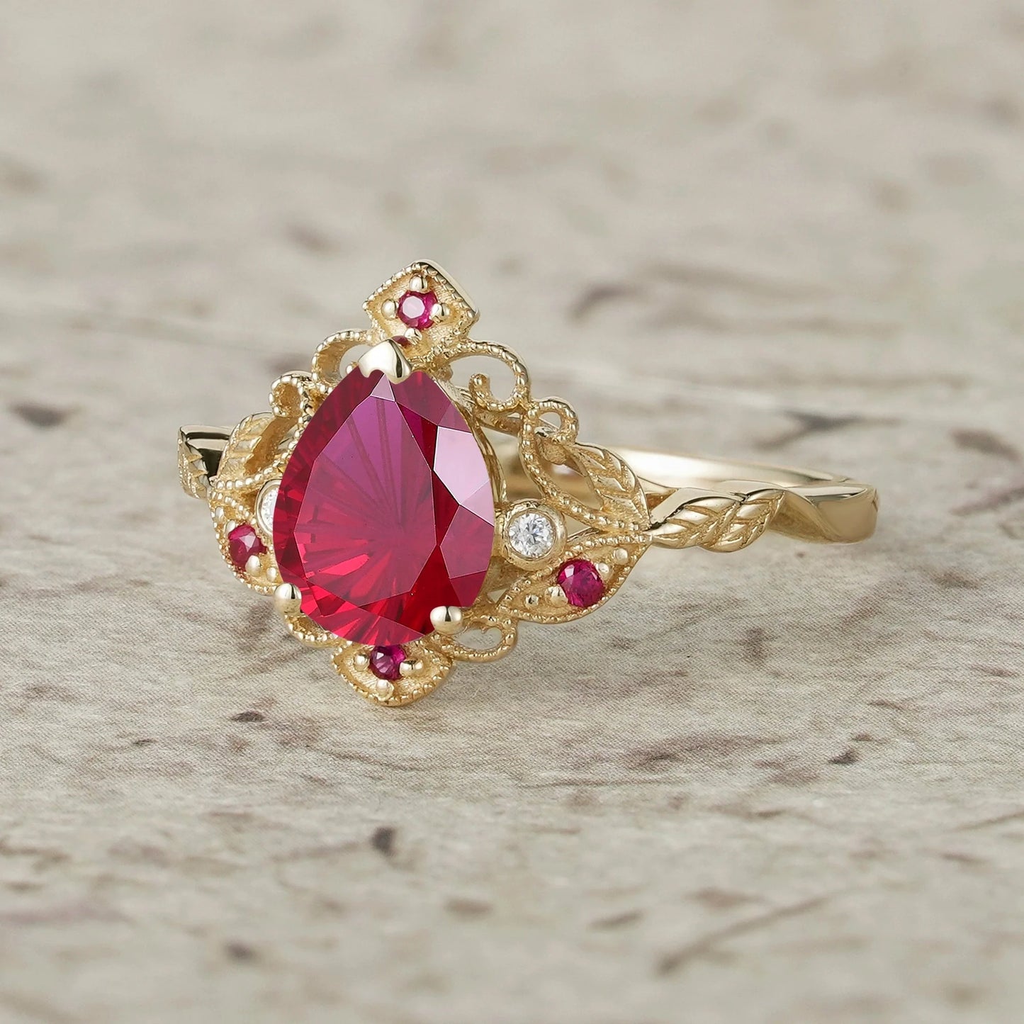 Vintage Milgrain Design Sparkle Cut Ruby Leaf Ring Set-Eulalia