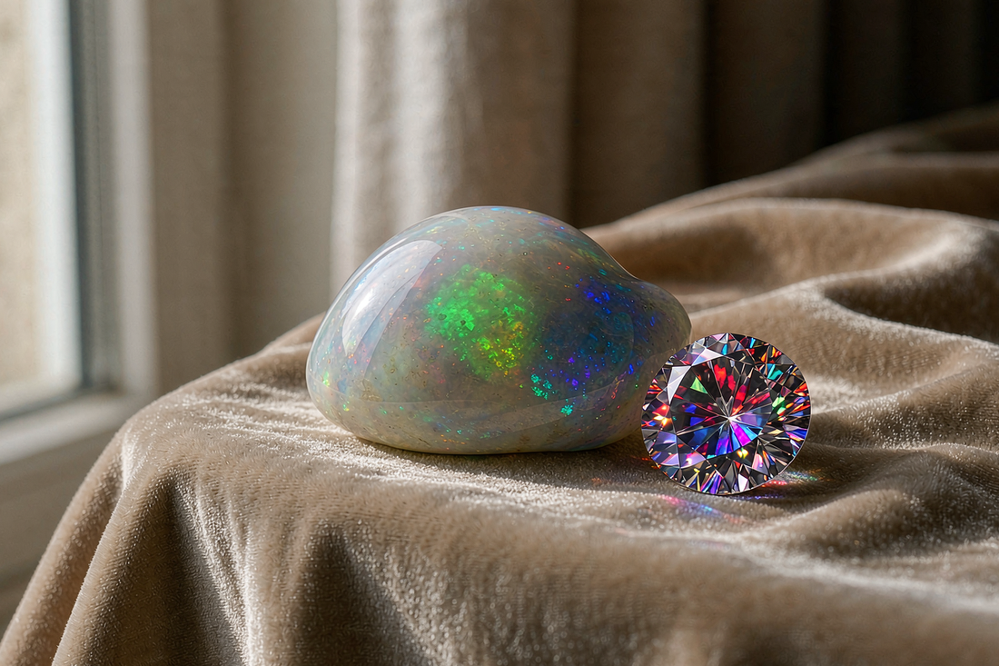 white opal cabochon next to a brilliant round moissanite gemstone on warm champagne velvet