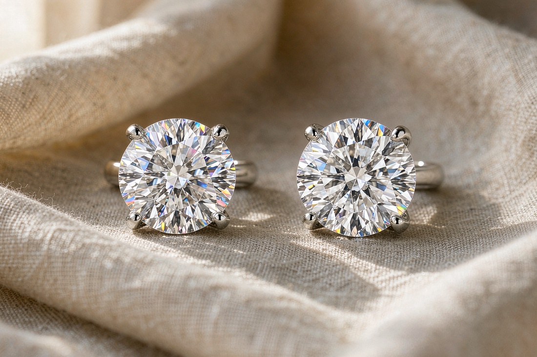 side by side comparison of 1 carat moissanite and diamond engagement ring showing similar brilliance