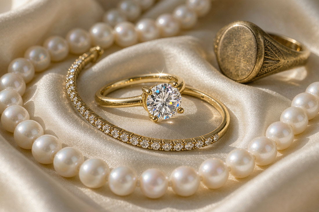 elegant old money jewelry arrangement with yellow gold rings and pearl necklace on ivory silk