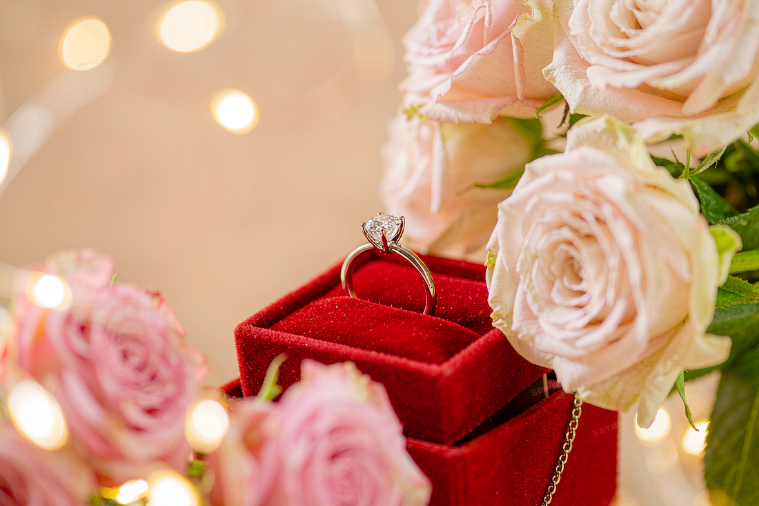 romantic Valentine's Day scene with sparkling moissanite ring in red velvet gift box with roses