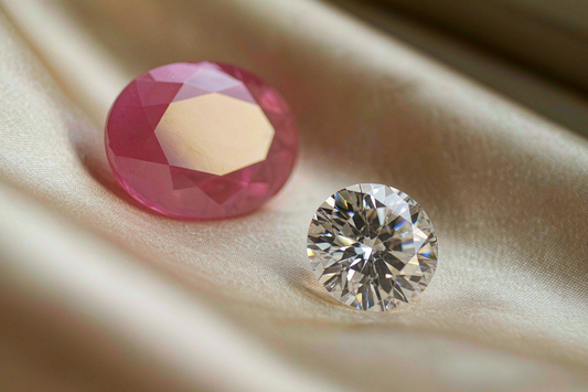 vivid pink spinel gemstone beside a brilliant round moissanite on cream silk fabric