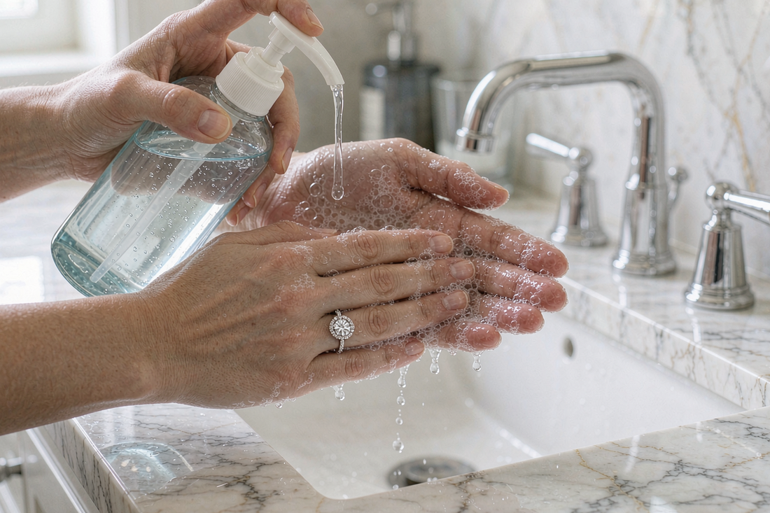 woman applying hand sanitizer while wearing a moissanite engagement ring on marble countertop