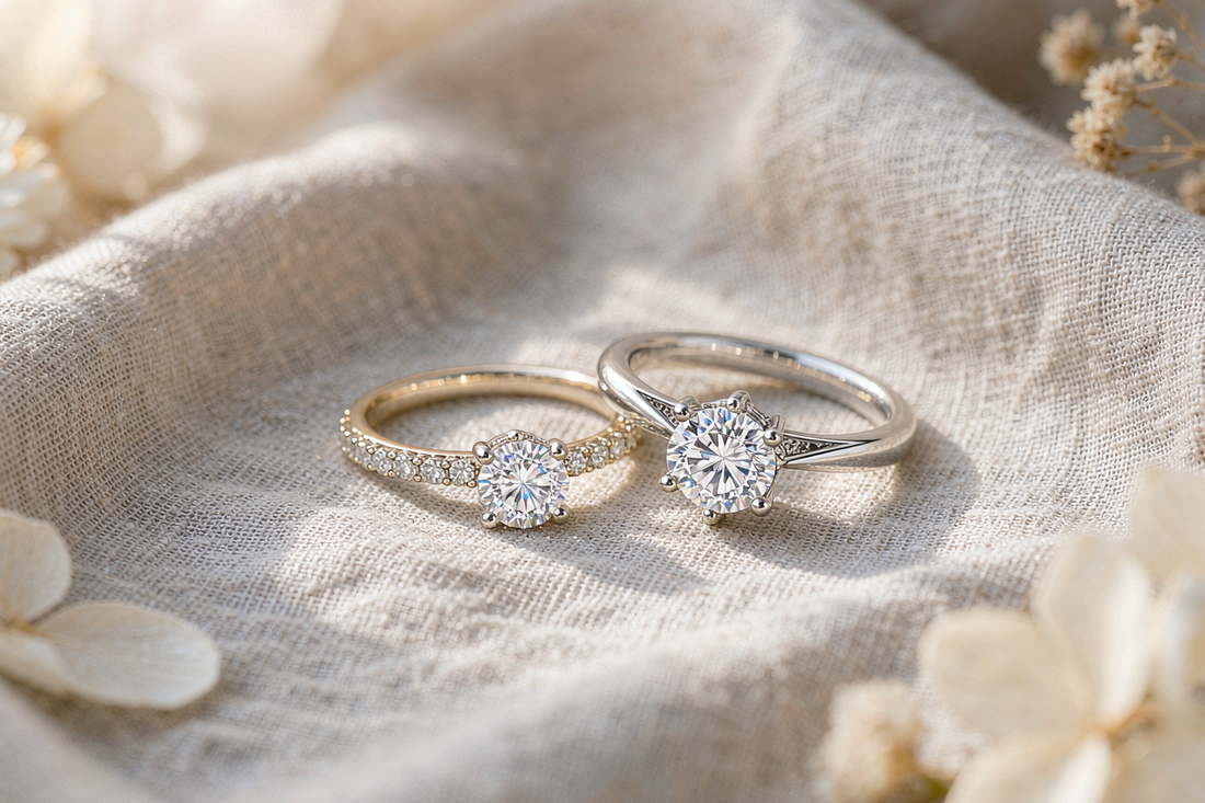 delicate moissanite promise ring and solitaire engagement ring displayed together on linen fabric