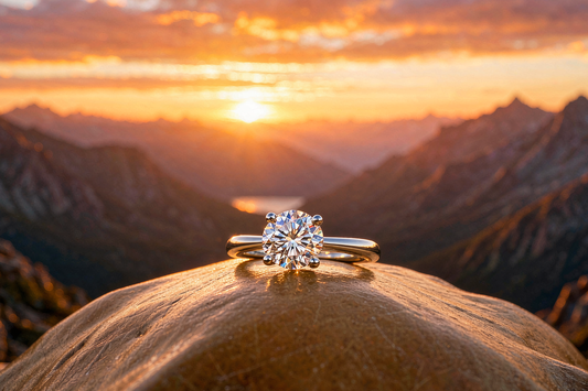 moissanite solitaire engagement ring on a mountain landscape background at golden hour