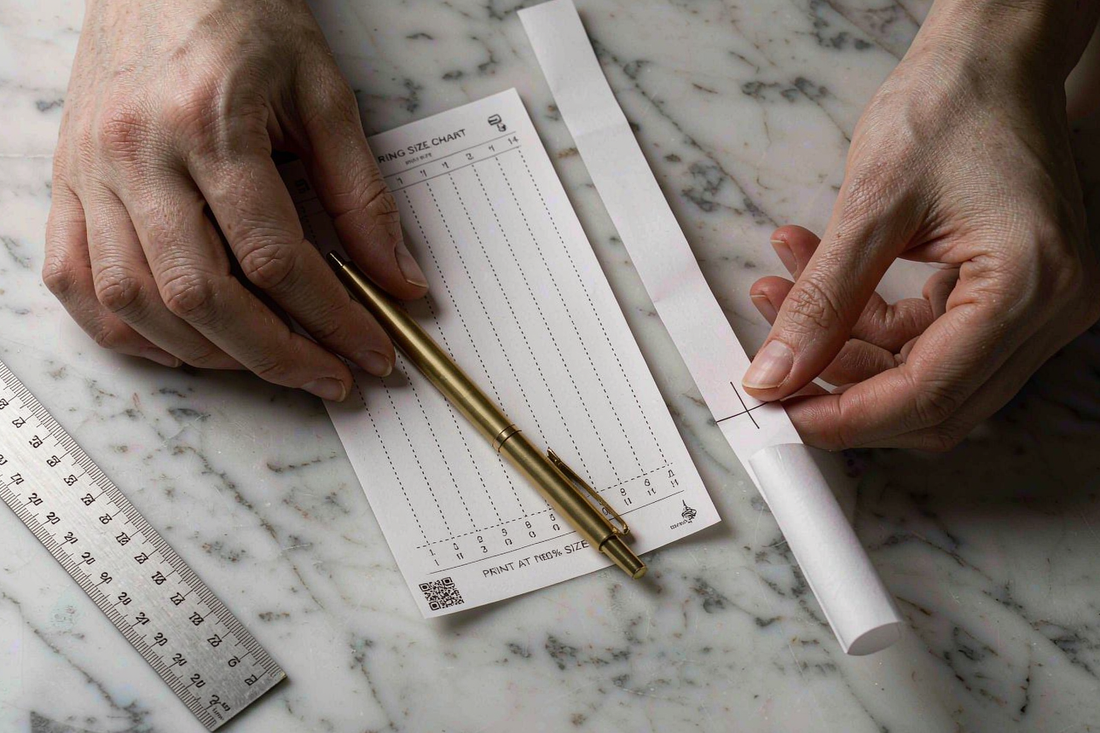 hands measuring ring size using paper strip and pen on white marble desk instructional flat lay