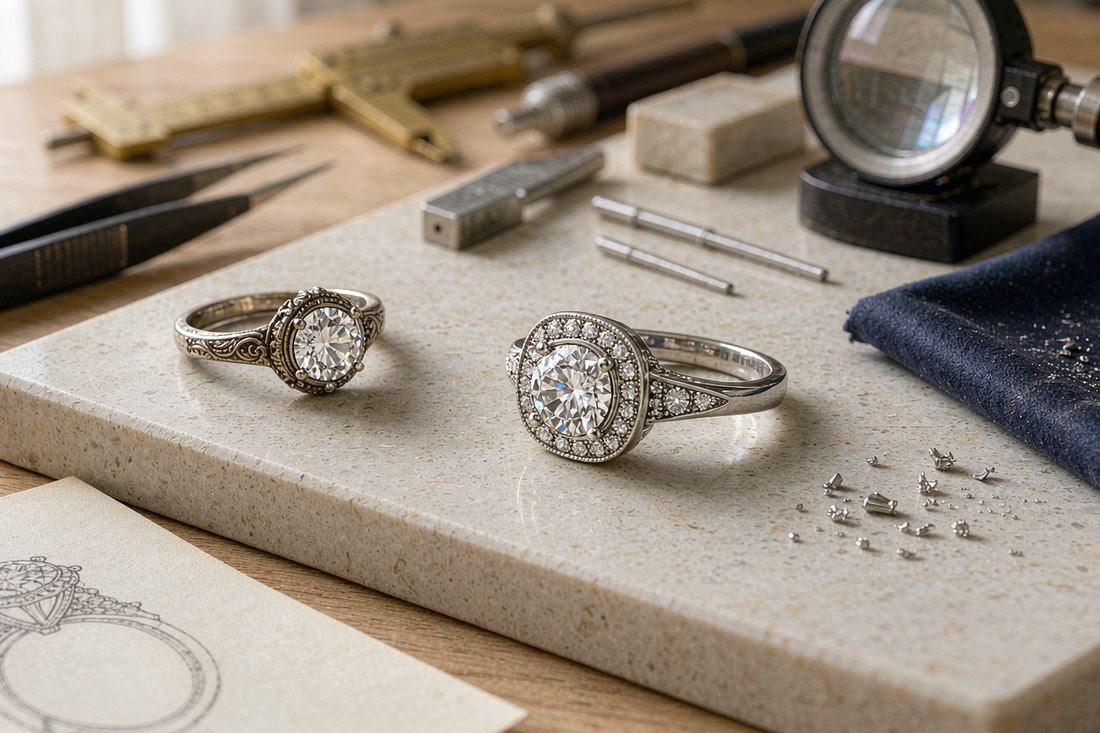 vintage heirloom diamond ring being reset into a modern white gold moissanite halo setting