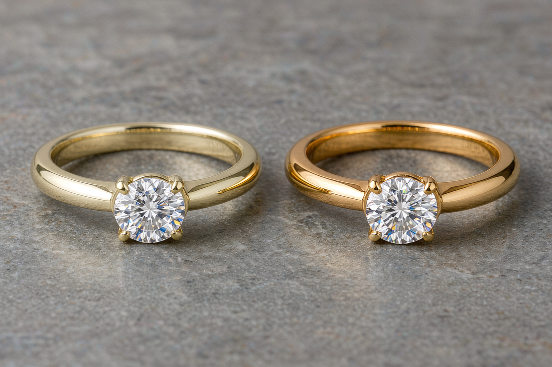 14k and 18k yellow gold moissanite rings side by side comparison on grey stone