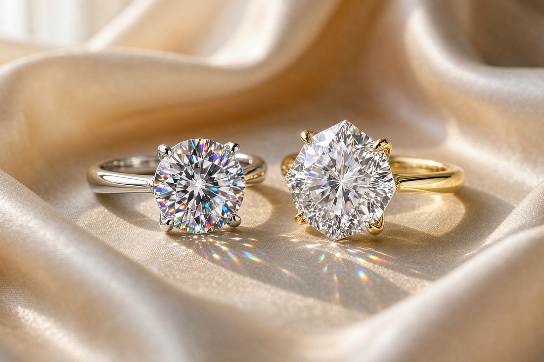 round brilliant and crushed ice moissanite rings side by side showing different sparkle patterns