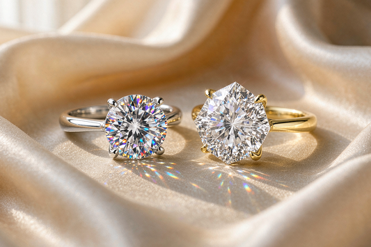 round brilliant and crushed ice moissanite rings side by side showing different sparkle patterns