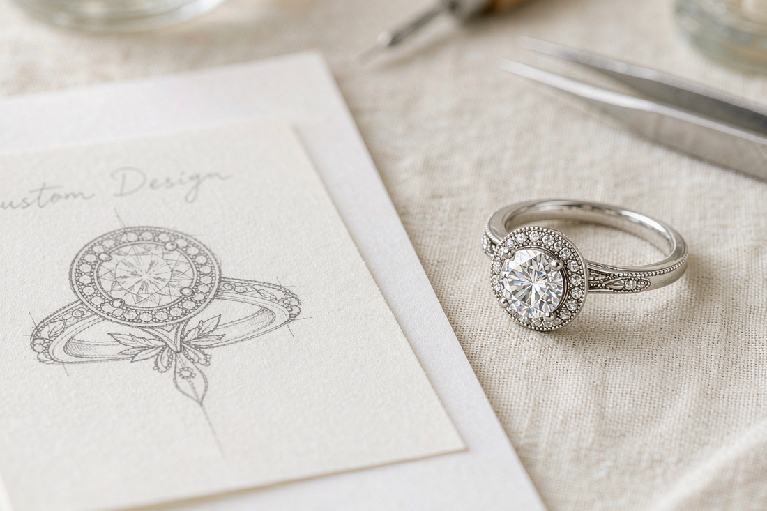 custom designed moissanite engagement ring sketch next to a finished ready-made moissanite ring on cream linen