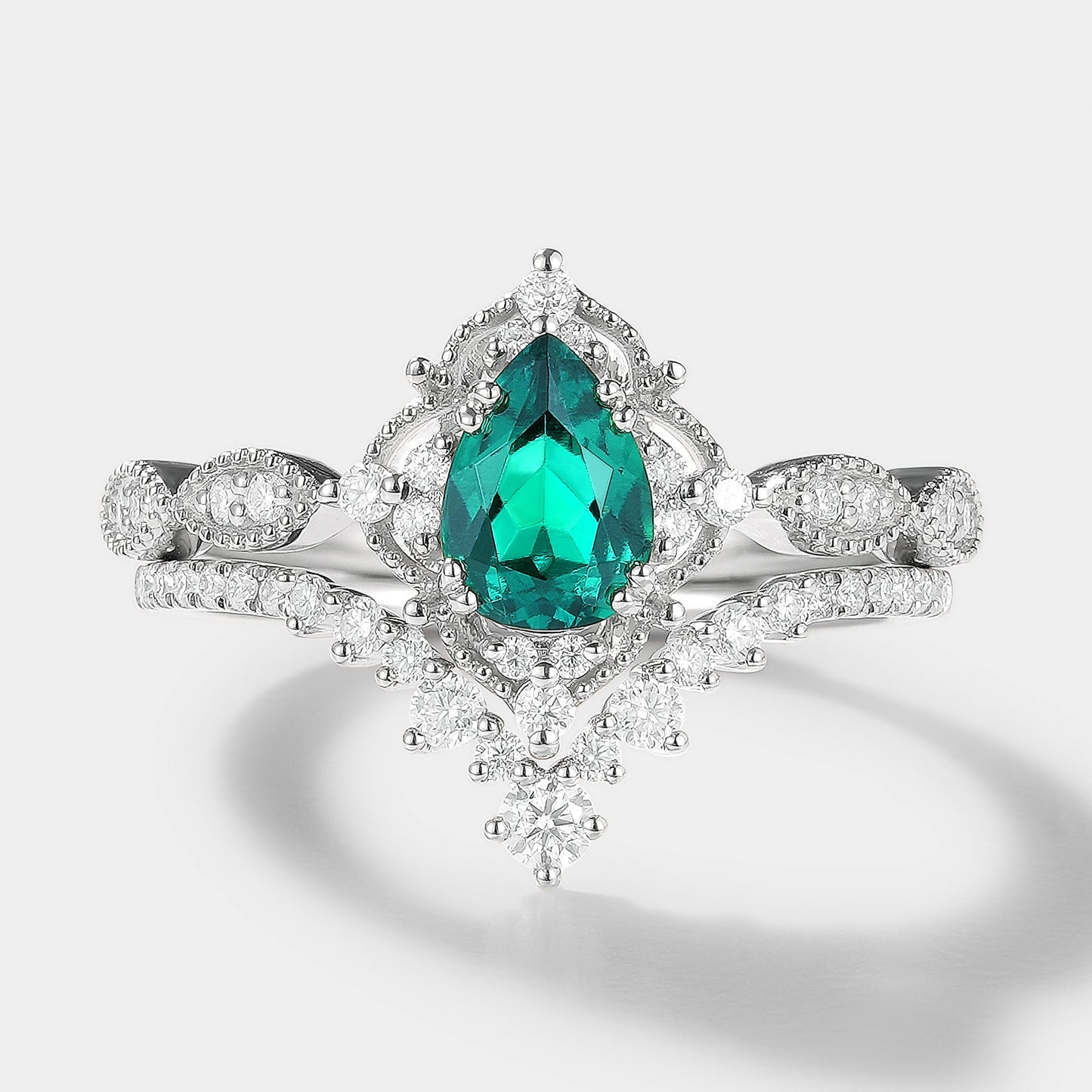 Vintage Pear Cut Lab Emerald Engagement Ring Bridal Set 2pcs