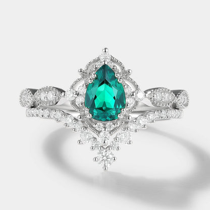 Vintage Pear Cut Lab Emerald Engagement Ring Bridal Set 2pcs