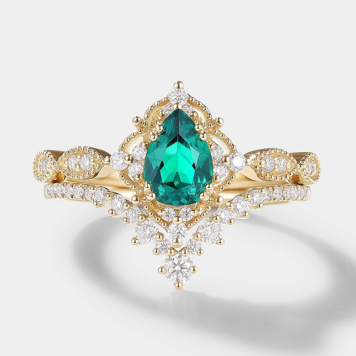 Vintage Pear Cut Lab Emerald Engagement Ring Bridal Set 2pcs