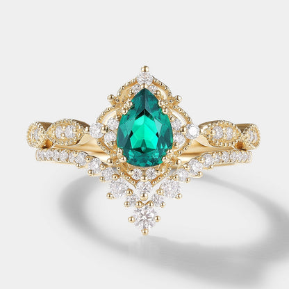 Vintage Pear Cut Lab Emerald Engagement Ring Bridal Set 2pcs