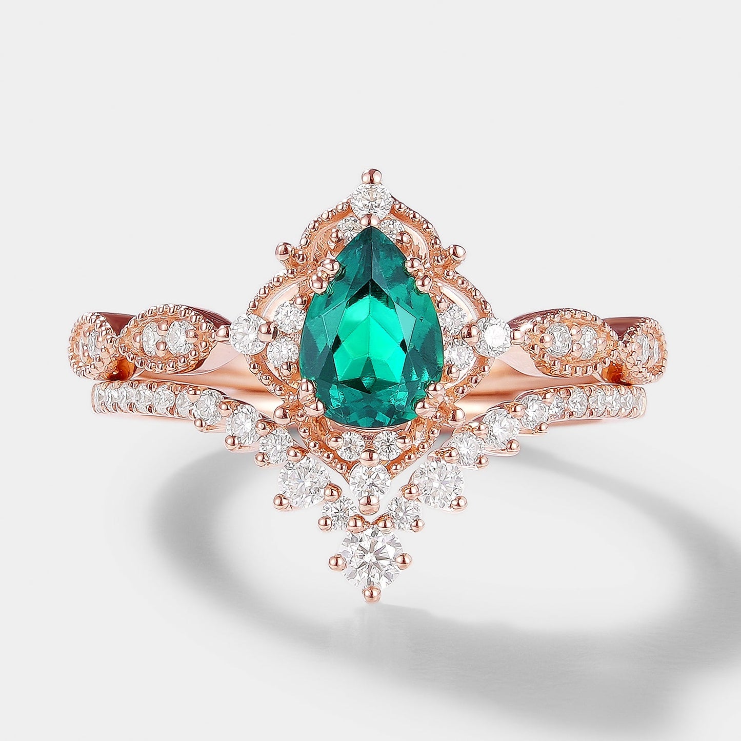 Vintage Pear Cut Lab Emerald Engagement Ring Bridal Set 2pcs
