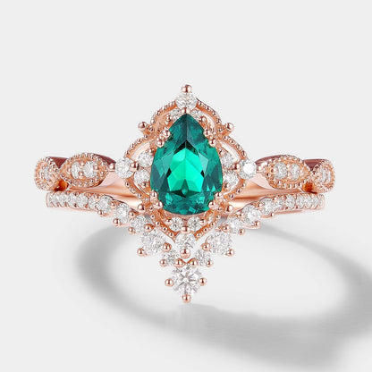 Vintage Pear Cut Lab Emerald Engagement Ring Bridal Set 2pcs