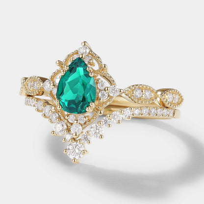 Vintage Pear Cut Lab Emerald Engagement Ring Bridal Set 2pcs