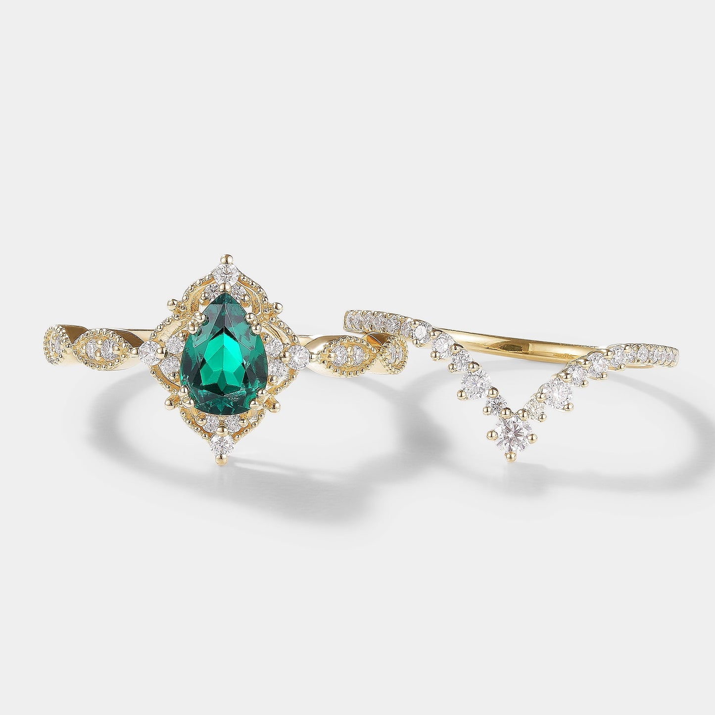 Vintage Pear Cut Lab Emerald Engagement Ring Bridal Set 2pcs