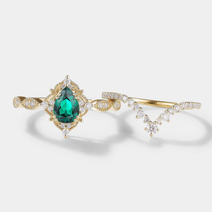 Vintage Pear Cut Lab Emerald Engagement Ring Bridal Set 2pcs