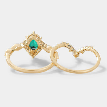 Vintage Pear Cut Lab Emerald Engagement Ring Bridal Set 2pcs
