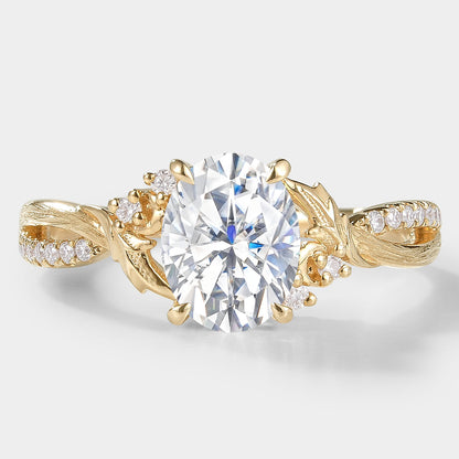 Oval Cut Moissanite Engagement Ring With Leaf Bark Texture