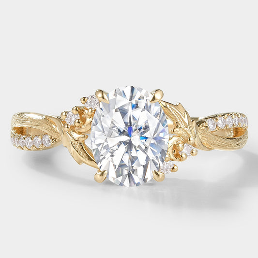 Oval Cut Moissanite Engagement Ring With Leaf Bark Texture