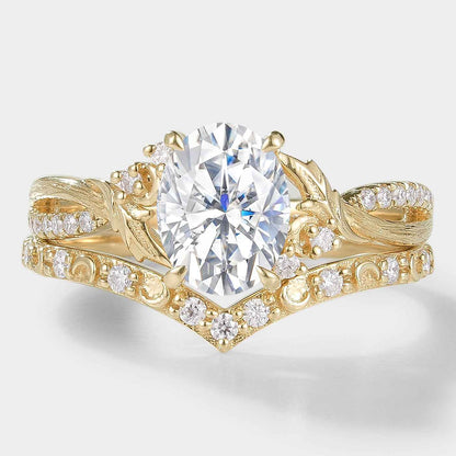 Moissanite Leaf Bark Texture Engagement Ring Sets 2pcs