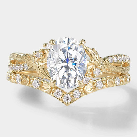 Moissanite Leaf Bark Texture Engagement Ring Sets 2pcs