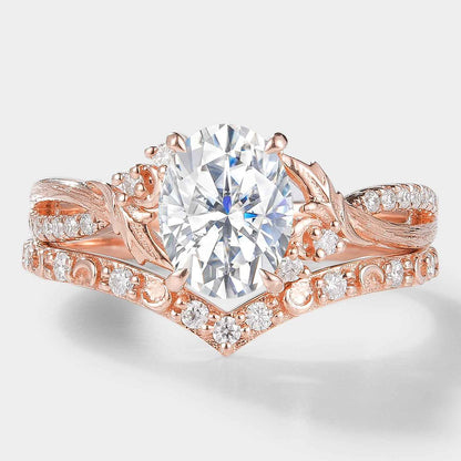 Moissanite Leaf Bark Texture Engagement Ring Sets 2pcs