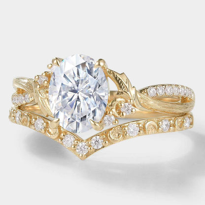 Moissanite Leaf Bark Texture Engagement Ring Sets 2pcs