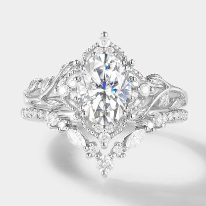 Oval Cut Moissanite Leaf Engagement Ring Bridal Set 2pcs