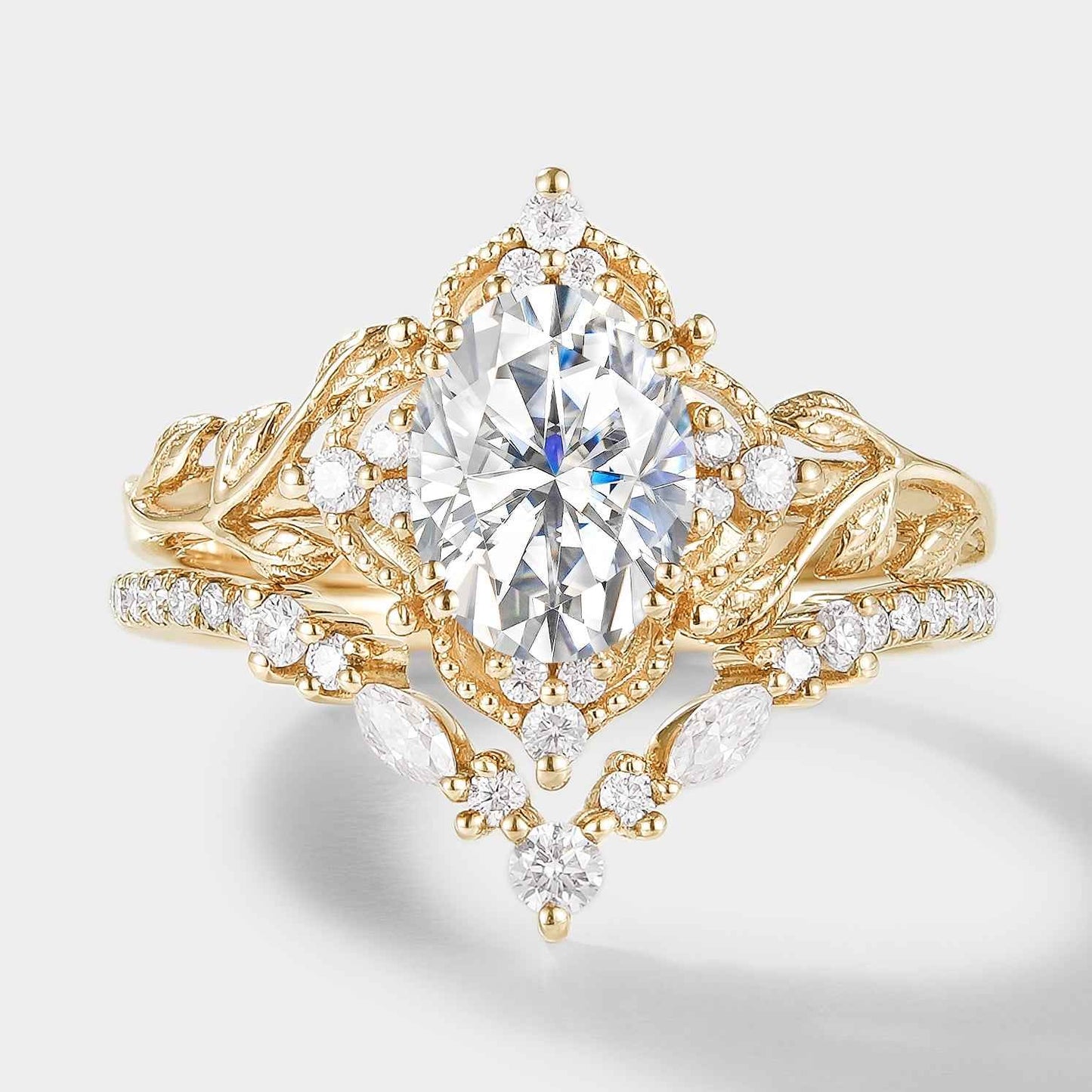 Oval Cut Moissanite Leaf Engagement Ring Bridal Set 2pcs