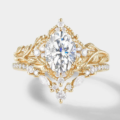 Oval Cut Moissanite Leaf Engagement Ring Bridal Set 2pcs