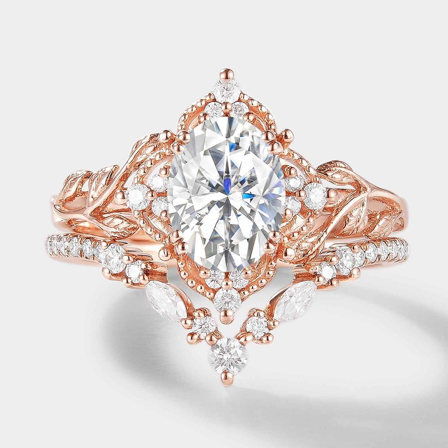 Oval Cut Moissanite Leaf Engagement Ring Bridal Set 2pcs