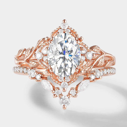 Oval Cut Moissanite Leaf Engagement Ring Bridal Set 2pcs
