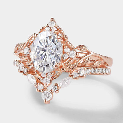 Oval Cut Moissanite Leaf Engagement Ring Bridal Set 2pcs