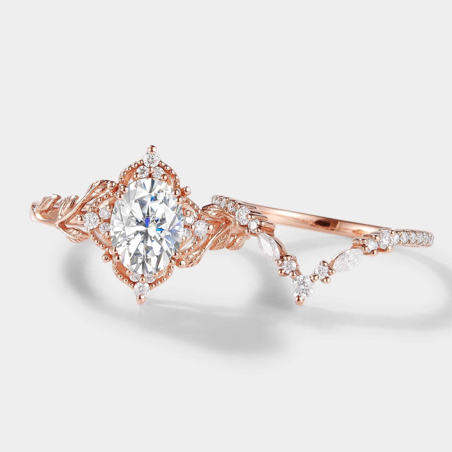 Oval Cut Moissanite Leaf Engagement Ring Bridal Set 2pcs