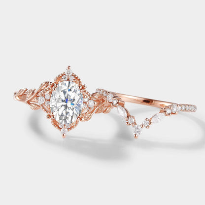 Oval Cut Moissanite Leaf Engagement Ring Bridal Set 2pcs